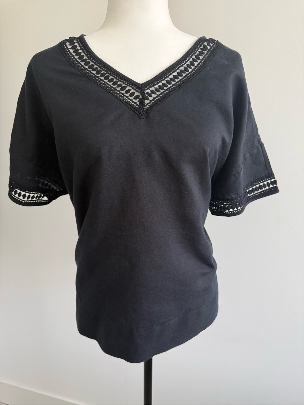 OLSEN EUROPE Black V-Neck Crochet Trim Women's Top